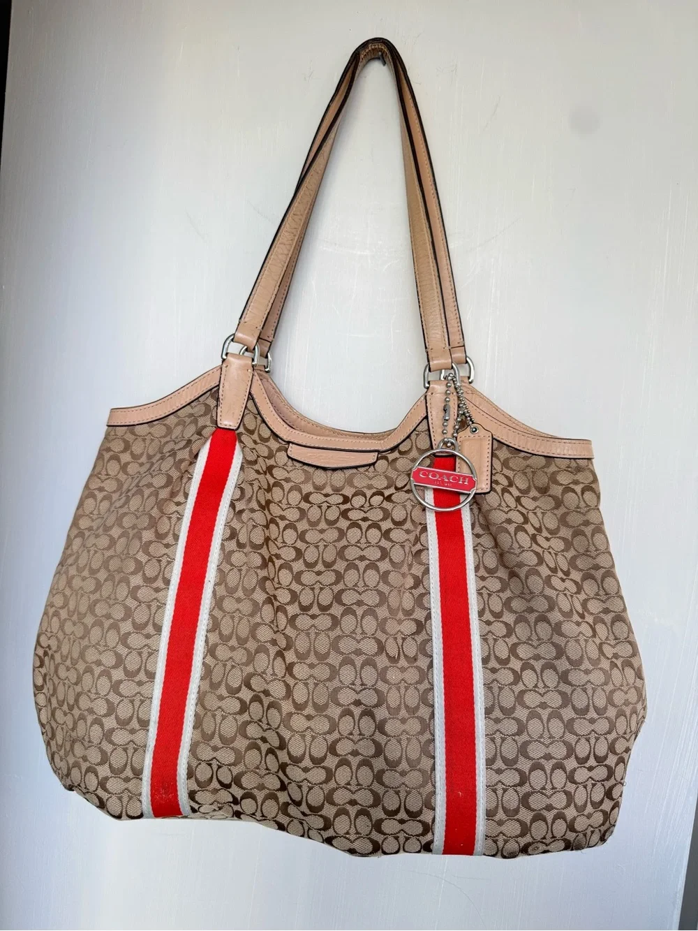 Coach Beige Signature Tote with Red Stripe Accents